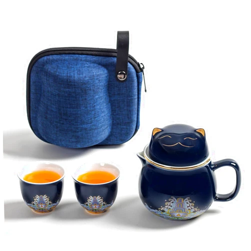 DEARART Tea Cup Portable Set with Strainer Infuser and Lid, 10.8oz Tea Mug and 2-Cups, Wide Mouth Easy to Clean Keep Tea Hot, Steeping Loose Leaf Tea Bag Personal Tea Cup, Cute Cat, Dark Blue