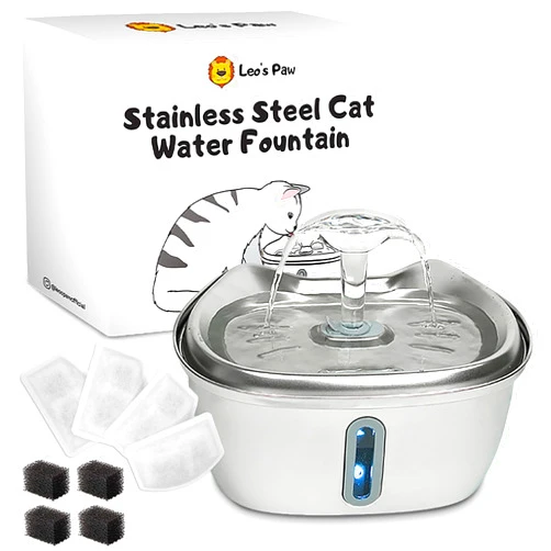 Leo's Paw Stainless Steel Cat Water Fountain 101oz/3L Food-Grade 304 Material Automatic Water Dispenser w/Water Level Window Multi-Layer Filter Ultra Quiet & Peaceful Flow (Fountain + 4 Filters)
