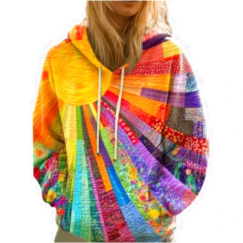 JJYCXAEW Oversized Patchwork Printed Hoodie for Women Women’s Casual Drawstring Pullover with Pocket