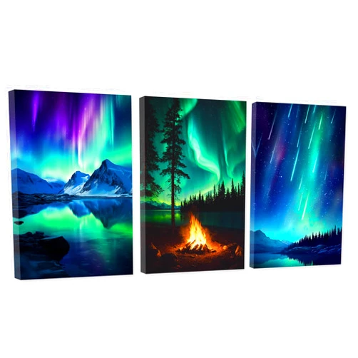 DOARTDO 3 Piece Aurora Borealis Canvas Wall Art Snowy Mountain Landscape Picture Northern Lights Painting for Bedroom Decor Frame(Aurora - 1, 12x16inchx3P (30x40cmx3P))
