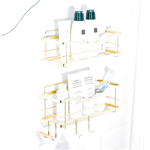 KINCMAX Shower Shelves 2-Pack - Premium Self Adhesive Shower Caddy w/ 4 Hooks - No Drill Large Capacity Stainless Steel Wall Shelf - Easy Mount Bathroom Organizer Racks - Gold