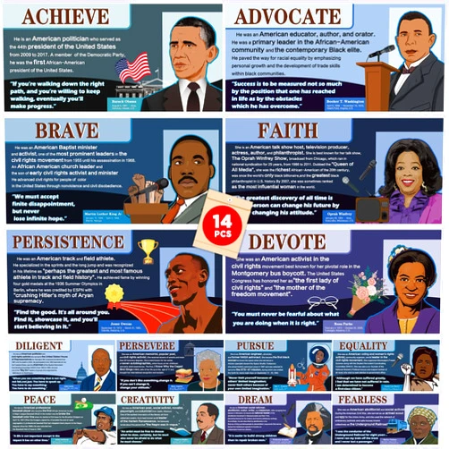 Wiooffen 14Pcs Black History Month Posters Classroom Decoration African American Inspirational Posters for Middle High School Classroom Library Office History Classroom Decor Homeschool(Landscape)
