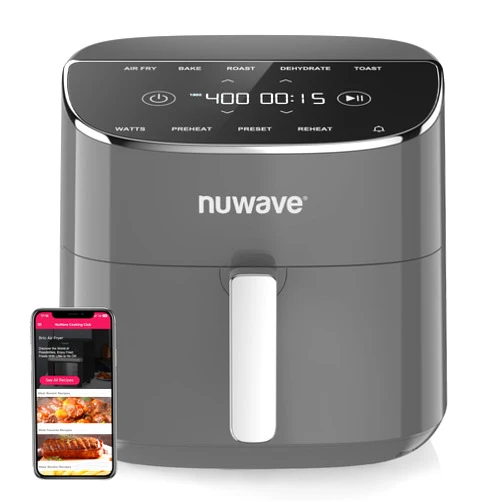 Nuwave Brio Plus Air Fryer 8 Qt, New & Improved, PFAS-FREE, 7 Digital One-Touch Cook Functions that AIR FRY, BAKE, ROAST, DEHYDRATE, TOAST, REHEAT, PREHEAT, 150 Presets, 50°F-400°F, 700/1500/1800W