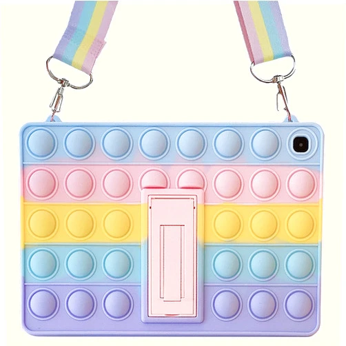 IZi Way Pop it Tablet Case for Samsung Galaxy Tab A7 10.4 2020 Kids Girl | SM-T500 / T505 / T507, Fidget Toy Puppet Poppet Push Bubble Silicone Cover Stand Strap for Samsung Tablet Tab A7 - Rainbow