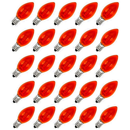 Creative Hobbies® Transparent Orange C7 Light Bulbs - 7 Watt, Steady Burning, Candelabra Base - Ideal for Halloween Pumpkin Lights & Christmas | Box of 25