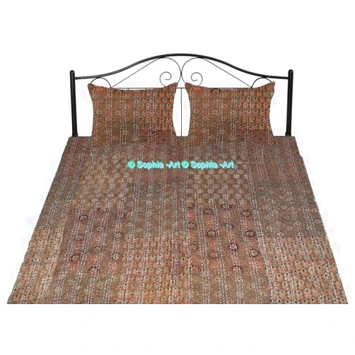 Sophia-Art Bohemian Hand Block Ajrak Vintage Print Bedspread Kantha Bed Cover, Sofa Cover Hand Stitch Throw Quilt (Brown Patch Print, Twin 60 * 90 Inches with Sham Cover)