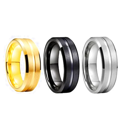 AONEW 3PCS 8mm Gold/Silver/Black Men Set Stainless Steel Ring Wedding Band Brushed Matte Finish Grooved Center Beveled Edges Comfort Fit Size 6-13