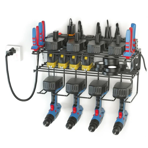Tonsum Heavy Duty Tool Organizer with charging station, 3 Layers Garage Pegboard Tool Rack, Power Tool Organizer Wall Mounted with 7 -Hole outlets Surge Protector, 4 Power Drill