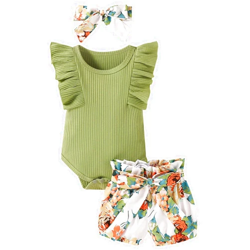 Hundofam Baby Girl Clothes Infant Summer Outfits Set Ruffle Sleeve Romper Floral Pants 3PCS Bodysuit +Shorts +Headband