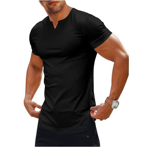 JMIERR Men's Muscle V-Neck T Shirt Short Sleeve Longline Ribbed Henley Shirt Gym Workout Athletic Tee Shirts