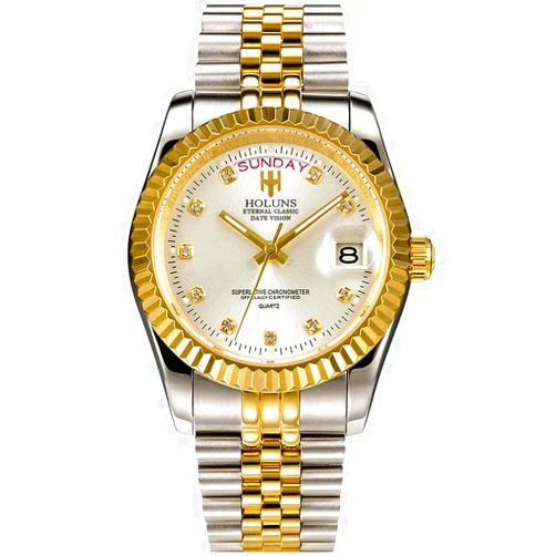 LOREO Mens Quartz Gold Watch Diamond Dial Stainless Steel Bracelet Sapphire Glass Dress Classic Date waterproof watches (Silver&Gold //White Dial)