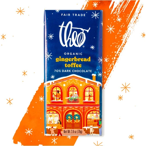 Theo Chocolate Holiday Gingerbread Toffee Organic Dark Chocolate Bar, 70% Cacao, 6 Pack | Fair Trade