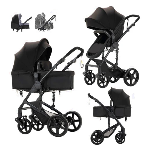 Reenborn 2 in 1 Baby Stroller with Bassinet, Convertible Pram, Reversible Standard Baby Stroller, Portable Baby Buggy, Infant Carriage, Foldable High Landscape Pushchair for Toddler Newborn (2US588-BLACK)