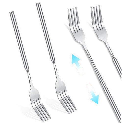 Geetery 2 Pcs Dinner Extendable Fork Stainless Steel Adjustable BBQ Telescopic Extendable Dinner Fruit Dessert Long Handle Fork Cutlery Anti Rust Sturdy for Cooking Toasting Sausage Vegetable, 8.46-21.65 Inch