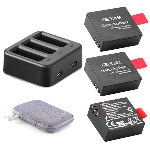 GeeKam Action Camera Battery Pack, 3 x 1350mAh Rechargeable Battery with 3 Channel Charger and Carrying Case for AKASO EK7000, WOLFANG GA100, Campark, Crosstour, Apeman, SJ4000 Underwater Cameras
