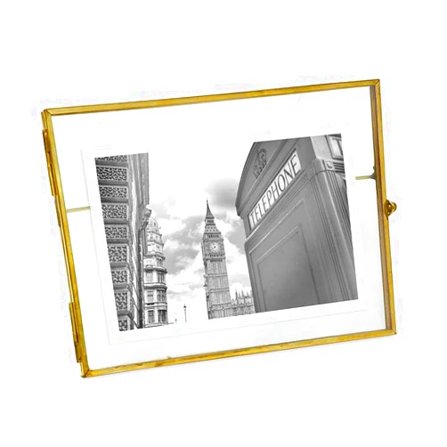 Isaac Jacobs 5x7, Antique Gold, Vintage Style Brass and Glass, Metal, Floating Desk Photo Frame (Horizontal), with Locket Bead Clasp Closure for Pictures Art, More (5x7, Antique Gold, Horizontal)