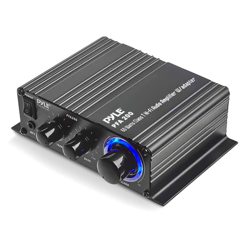 Pyle Home Mini Audio Amplifier - 60W Portable Dual Channel Surround Sound HiFi Stereo Receiver w/ 12V AC Adapter, AUX, MIC IN, Supports Smart Phone, iPhone, iPod, MP3 For 2-8ohm Speakers - Pyle PFA200