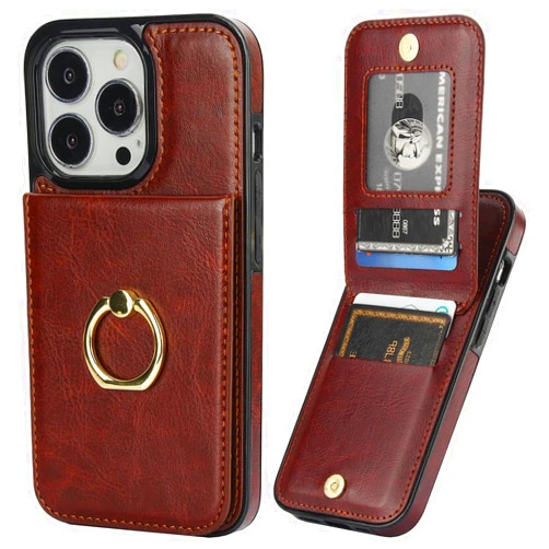 KIHUWEY for iPhone 13 Pro Case Wallet with Credit Card Holder, 360° Rotation Ring PU Leather Magnetic Clasp Kickstand Heavy Duty Protective Cover for Women and Men 6.1 Inch (Brown)