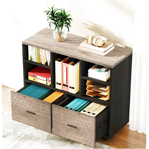 Tribesigns 2-Drawer Wood File Cabinet, Mobile Lateral Filing Cabinet for Hanging Letter Size Files, Printer Stand with Open Storage Shelves for Home Office (Gray & Black)