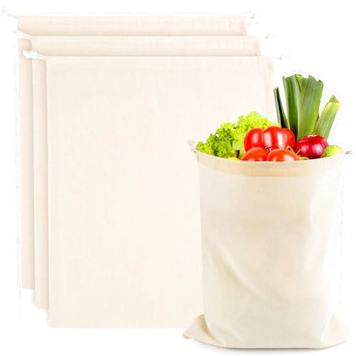 RAINFLOW Cotton Storage Bags with Drawstrings 3 Pack 15X17 inch reusable produce bags cotton produce bags washable muslin storage bags for Fruit onion storage Clothes Shopping Home Supplies