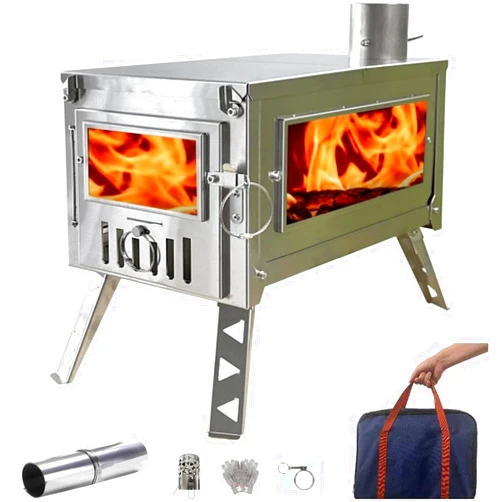 DANCHEL OUTDOOR HS6 Portable Tent Stove Wood Burning with Side Glass Secondary Combustion, Folding 304 Stainless Steel Camping Wood Stoves Backpacking with 8.2ft/2.5M Chimney