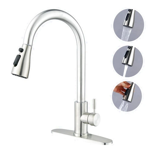 MAYYAYA Commercial Kitchen Faucet with Pull Down Sprayer, Brushed Nickel | High Arc Single Handle, 360° Swivel, Stainless Steel, 1 or 3 Hole Deck Mount- Deck Plate Included(Scrape-Model)