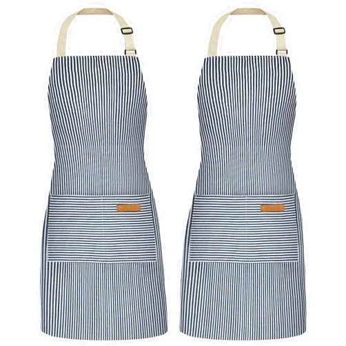 NLUS 2 Pack Cooking Aprons for Women with Pockets, Adjustable Kitchen Bib Aprons Chef Aprons for Women Men(Blue Pinstripes)