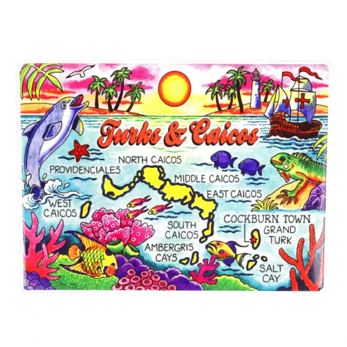 Mad Mags Turks and Caicos Map Acrylic Magnet, Colorful Travel Souvenir, Refrigerator Accessory, 3.5 x 2.5 Inches