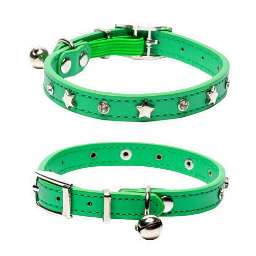 DAIHAQIKO Leather Cat Collars for Boy Girl Cats with Bell and Safety Elastic Belt, Personalized Star and Moon Stud Adjustable Safe Buckle Collar for Kitty Small Big Cats