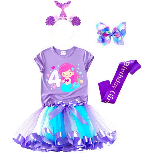 Tutu and Sian Mermaid Birthday Outfit for Girls - Tutu Skirt, Shirt, Satin Sash & Headband
