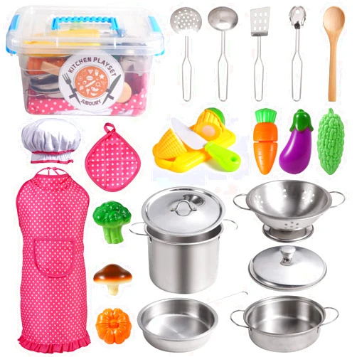 Juboury Kitchen Pretend Play Toys with Stainless Steel Cookware Pots and Pans Set, Cooking Utensils, Apron & Chef Hat, Cutting Vegetables for Kids, Girls, Boys, Toddlers