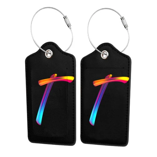 Pazacon 2 Pack Initial Luggage Tags for Suitcase, Colorful Letter Design Cruise Name Bag Tags, Novelty Baggage Identifiers with Full Privacy Cover, Leather ID Label for Women Men Kids Travel, Rainbow Letter T