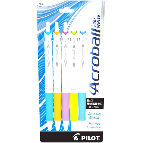 PILOT Acroball PureWhite Advanced Ink Refillable & Retractable Ball Point Pens with Turquoise/Orange/Purple/Lime/Blue Accents, Fine Point, Black Ink, 5-Pack (31861)
