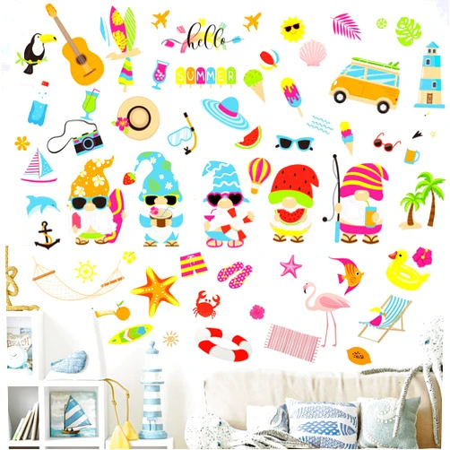 Crtiin 12 Sheets 193 Pcs Summer Window Clings Beach Pool Party Window Stickers Hawaiian Gnome Wall Decals for Baby Kids Toddlers Hawaii Tropical Home Office Refrigerator Glass Party Supplies