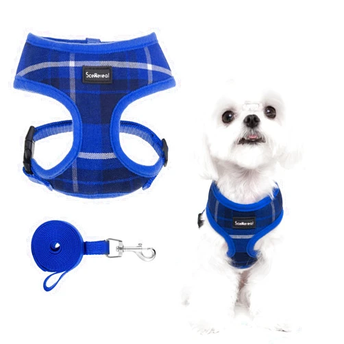 SCENEREAL Puppy Dog Harness with Leash Set for Small Medium Sized Dogs, Soft Mesh Step in Pet Harnesses and Leash, No Chock Plaid Adjustible No Pull Vest for Dogs Cats, Chihuahua,Bulldog (Blue XS)