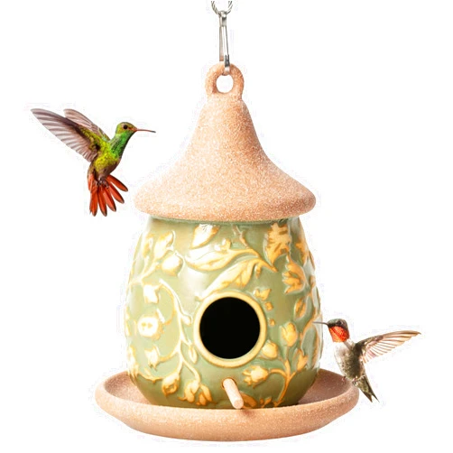 Karlliu Hanging Bird Houses Ceramic Bird House Feeder with Wooden Pole for Outside Hummingbirds Cardinal Bluebird Nest Birdhouse Pet Cottage for Patio Outdoor Garden Decor
