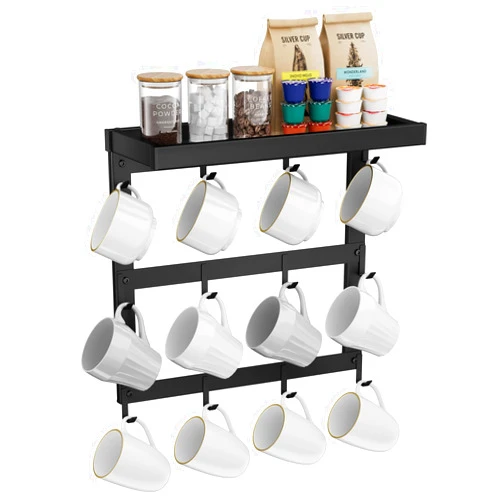 SZUGCOTD Coffee Mug Rack Wall Mounted, Rustic Metal Mug Holder Organizer with 12 Hooks and Top Shelf Cup Storage Rack for Home Kitchen Coffee Bar Station Mug Display and Collection