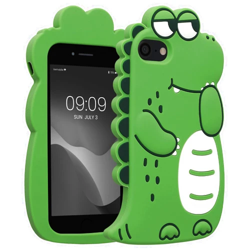 kwmobile Case Compatible with Apple iPhone SE (2022) / iPhone SE (2020) / iPhone 8 / iPhone 7 - Cute Dinosaur Case Soft Cute Protective Silicone Cover - Black/White/Green