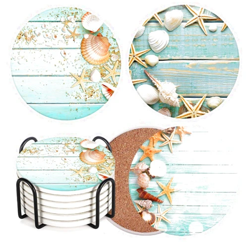 Britimes Coaster for Drinks Set of 6, Beach Seashells Wooden Nautical Wood Sand Table Coastal Absorbent Round Ceramic Stone Mat, with Cork Base and Metal Holder, Gift for Housewarming Room Bar Decor