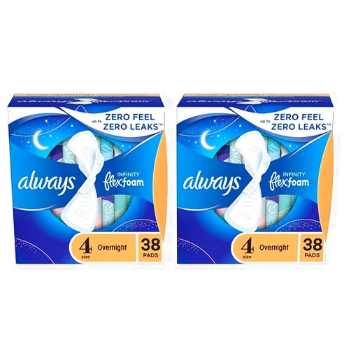 Always Infinity Feminine Pads for Women, Size 4 Overnight, with Wings, unscented, 38 Count (Pack of 2)