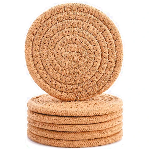 ABenkle 6 Pcs Coasters for Drinks,Super Absorbent Drink Coasters, Stylish Handmade Round Woven Coaster for Coffee Table Tabletop Protection Housewarming Gift for Home Decor - 4.3 Inches, Brown