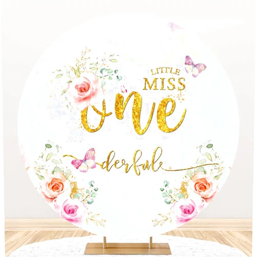 Leyiyi 6x6ft Little Miss Onederful Round Backdrop Cover Blush Pink Floral Gold One Girls 1st Birthday Butterfly Background for Photography Sweet Girl Birthday Party Decorations Cake Table Banner