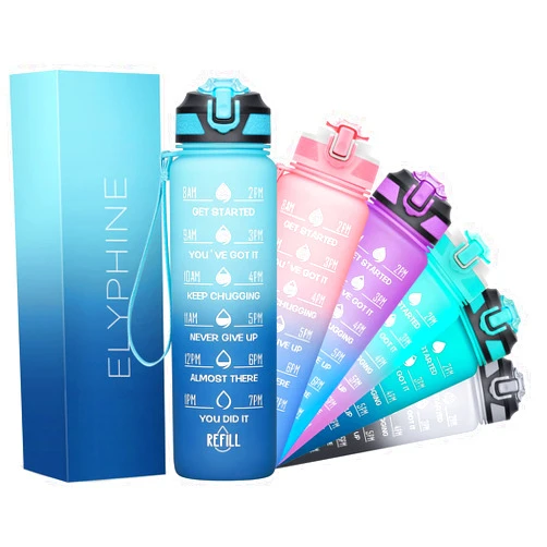 ELYPHINE 24OZ Water Bottles with Removable Straw & Time Marker, Motivational Water Bottle with BPA Free Tritan Material, Leakproof Water Jug for Fitness Sports (Sky Mirror 24oz)