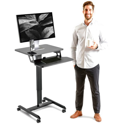 OCOMMO Automatic Height Adjustable Mobile Workstation with Keyboard Tray, Sit to Stand Up Tabletop Computer and Monitor Desk for Home Office or Office Desk (Black Small)