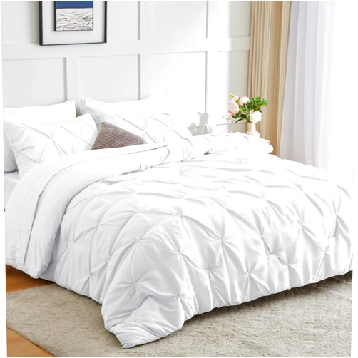CozyLux Full Comforter Set - 7 Pieces Comforters Full Size White, Pintuck Bed in A Bag Pinch Pleat Bedding Sets with All Season Comforter, Flat Sheet, Fitted Sheet and Pillowcases & Shams