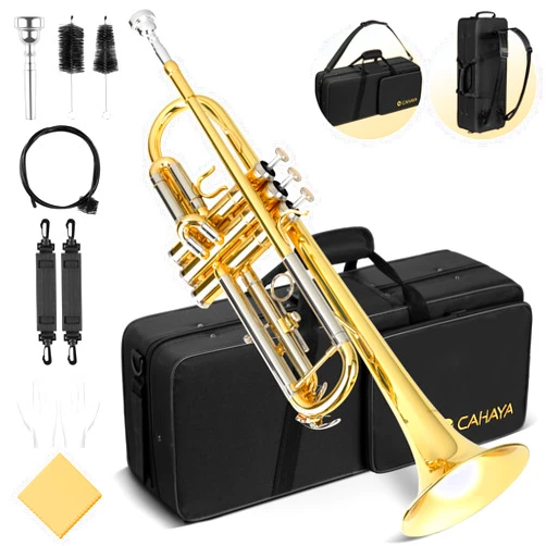 CAHAYA Bb Standard Trumpet Set: Brass Student Trumpet Instrument with Hard Case 7C Mouthpiece Gloves for Beginner or Advanced Student Band Orchestra Gold