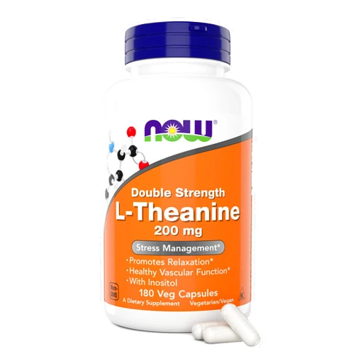 NOW Foods L-Theanine, Double Strength 200 mg Per Cap - 180 Veg Capsules - Enhanced with 100mg Inositol - Vegetarian, Non-GMO - Ltheanine 200mg Supplement