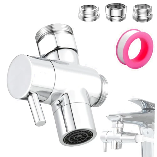 Roscid 3 Way Shower Diverter Valve, Solid Brass Shower Diverter Valve, Sink Valve Diverter Faucet Splitter for Kitchen or Bathroom, Faucet Diverter Valve Adapter with M22-M24, M22-G1/2 Adaptor, Sliver