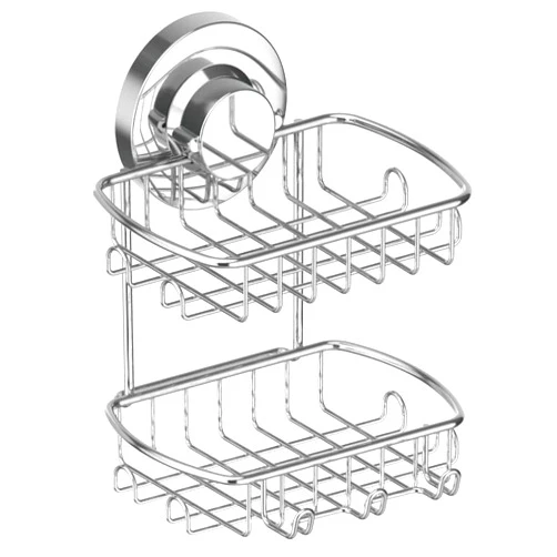 Bathika Soap Dish for Shower Suction Cup Powerful Vacuum System Rustproof 304 Stainless Steel Basket Sponges Holder with Razor Hooks for Bathroom or Kitchen Soap Holder, 2 Tier (Silver)