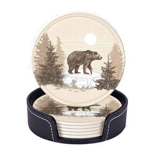 Famame 6 Pcs Vintage Bear in Stone Leather Coasters for Drinks with Holder Coaster Sets Drink Table Cup Coasters for Living Room Kitchen Coffee Decor